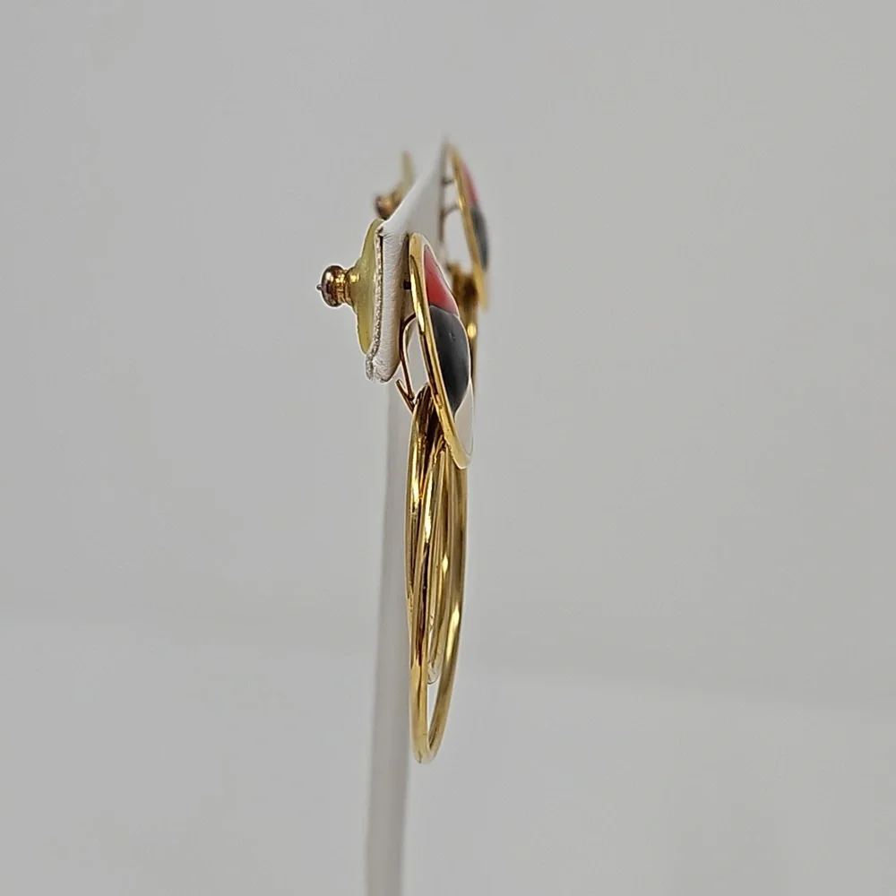 Vintage Enamel Circular Dangle Earrings Gold Tone Red Black Cream